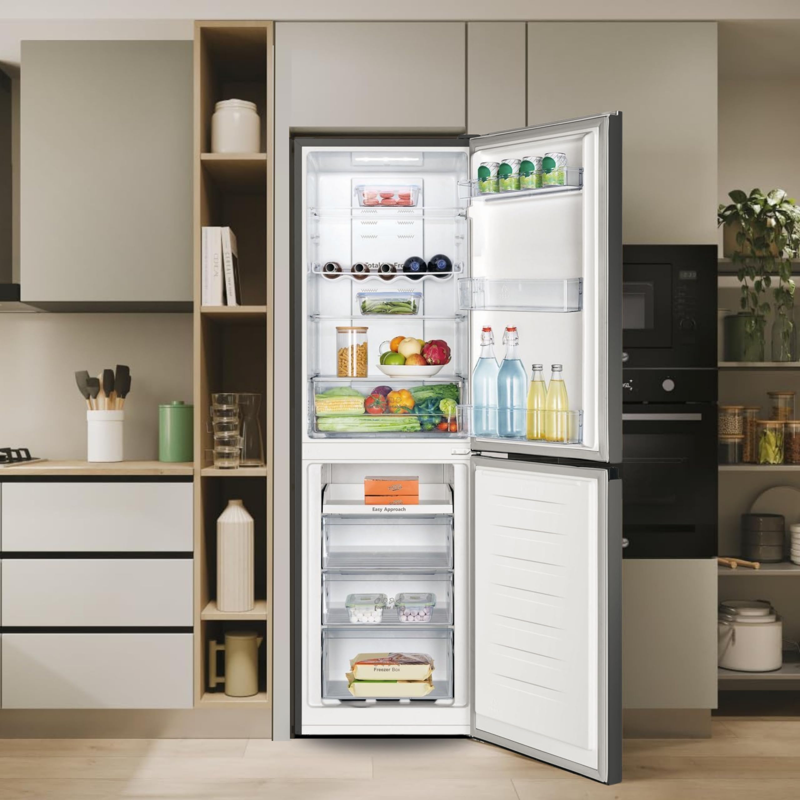 Teknix FFH1825WB 55cm Freestanding 50/50 Fridge Freezer - 256 Litre Capacity - Total No Frost - Non-plumbed Water Dispenser - Black, H182.5 x W55 x D56.2 (cm)