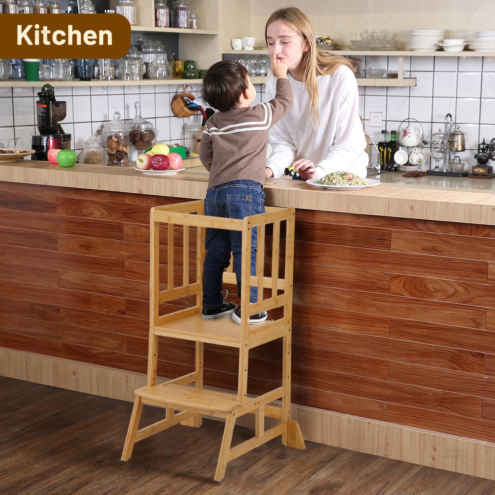 COSYLAND Height Adjustable Kids Kitchen Step Stool with Anti-tip Support Corners - Kids Standing Tower for Kitchen Counter, Bathroom, Nursery (Black)