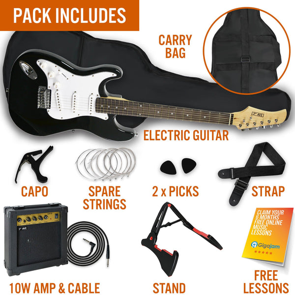 3rd Avenue XF Full Size 4/4 Electric Guitar Ultimate Kit with 10W Amp, Cable, Stand, Gig Bag, Strap, Spare Strings, Picks, Capo – Black