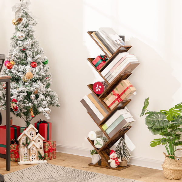 HOOBRO Tree Bookshelf Tall, 9-Tier Floor Standing Book Shelf, Tall Bookcase for CDs Albums, for Living Room, Rustic Brown and Black EBF08SJ01G1