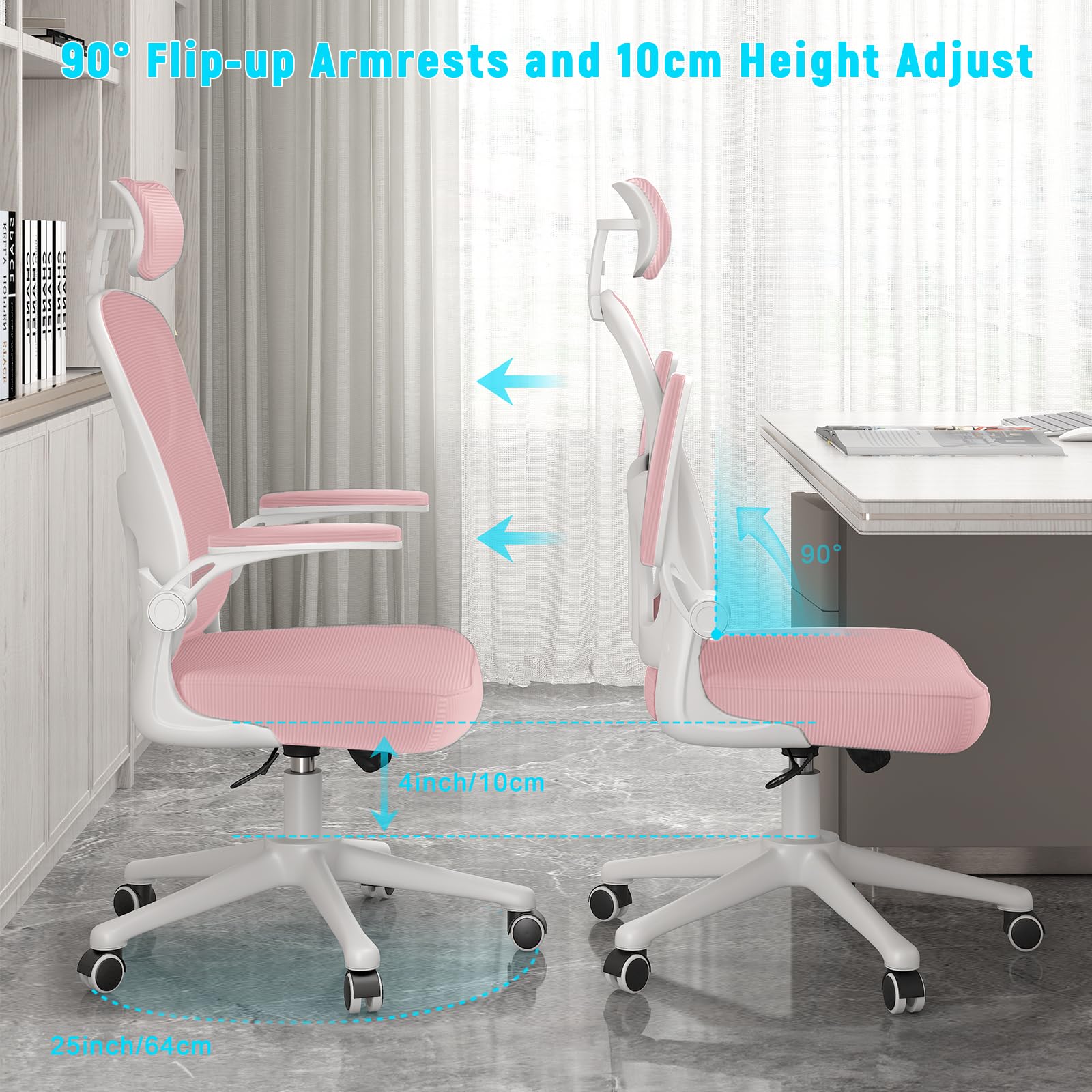 naspaluro Office Chair Ergonomic Desk with 90° Flip-up Armrest Lumbar Support, Height Adjustable Chair, Executive Swivel Computer Padded Seat Cushion for Home/Office