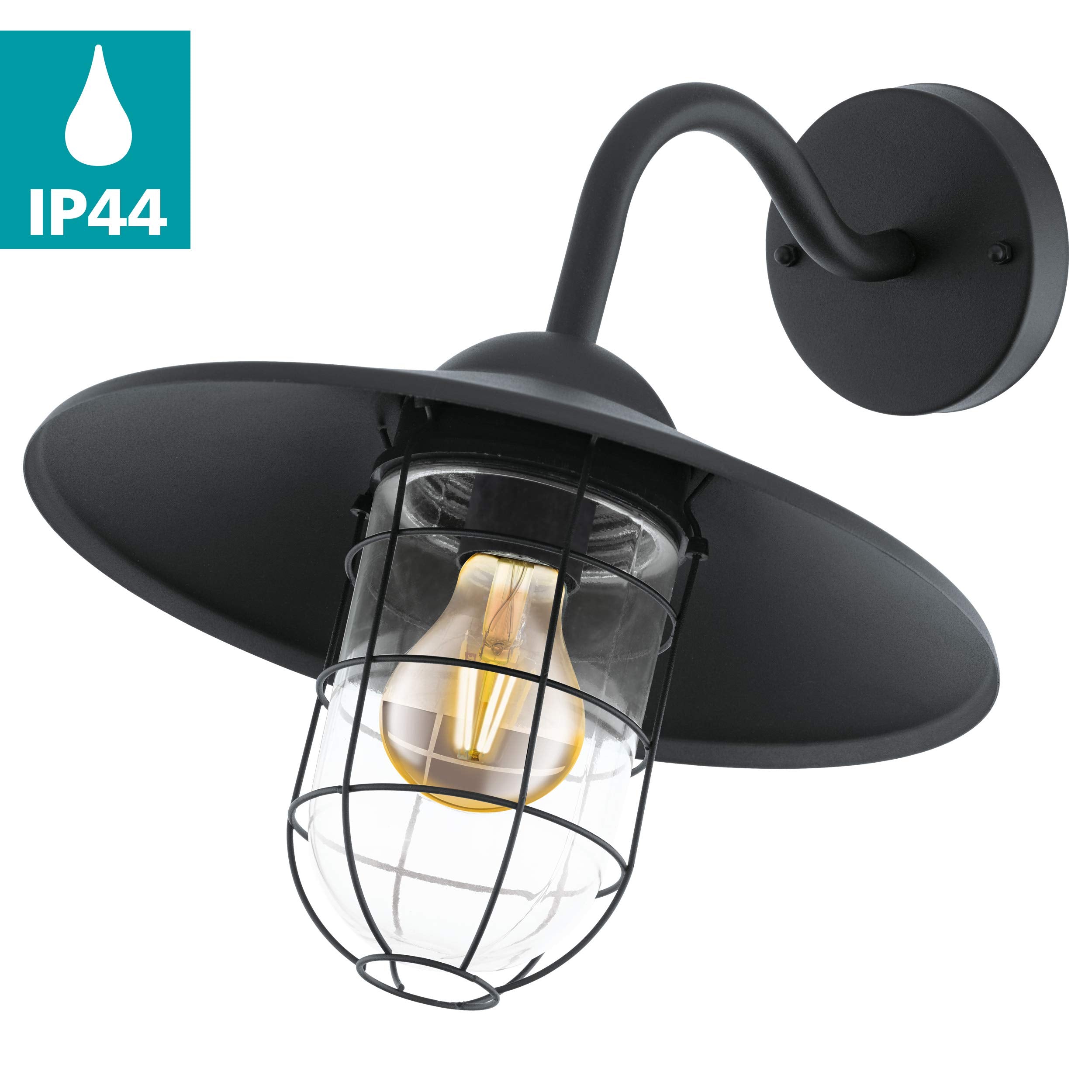 Eglo Melgoa Outdoor Wall Light, Black Galvanized Steel and Clear Glass Lantern, Porch Lamp, E27 Socket, IP44