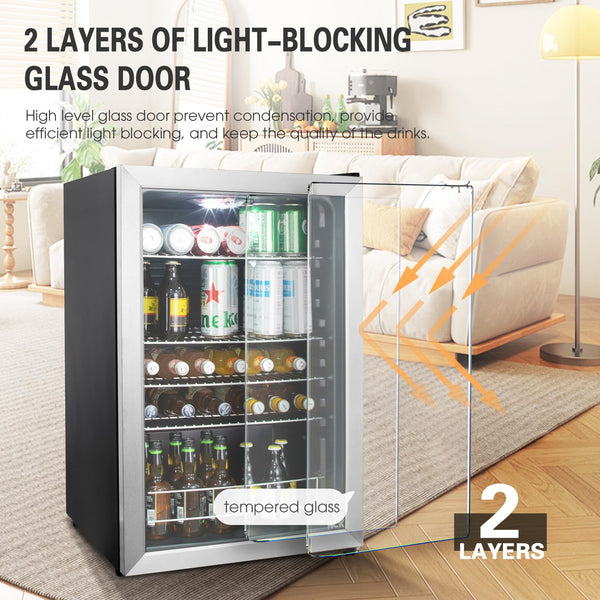 HCK 48L Mini Fridge with Glass Door, 0-15°C Cooling Zone and 2 Shelves, Compact Beverage Refrigerator Cooler for Bar and Living Room