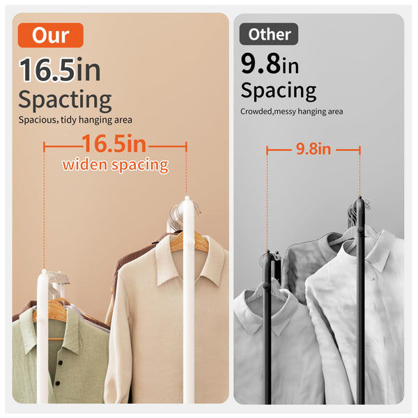 JOISCOPE Wide Clothes Rail, 66.9*47.2 inch Clothing Rack for Bedroom, Clothes Rack with 2 Hanging Rails, 4 Hooks, 4 Side Shelves, and Bottom Shelve,