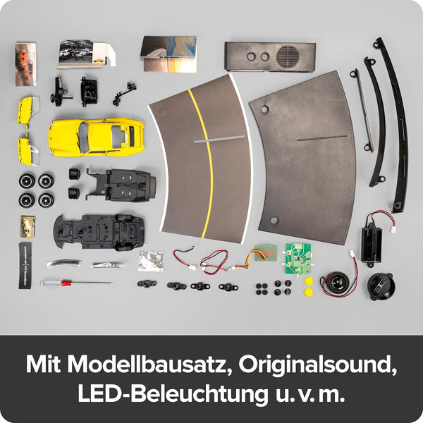 FRANZIS 67273 Porsche 911 Carrera RS 2.7 Advent Calendar Model Kit 1:24 Scale Including Sound Base and 52-Page Accompaniment Book