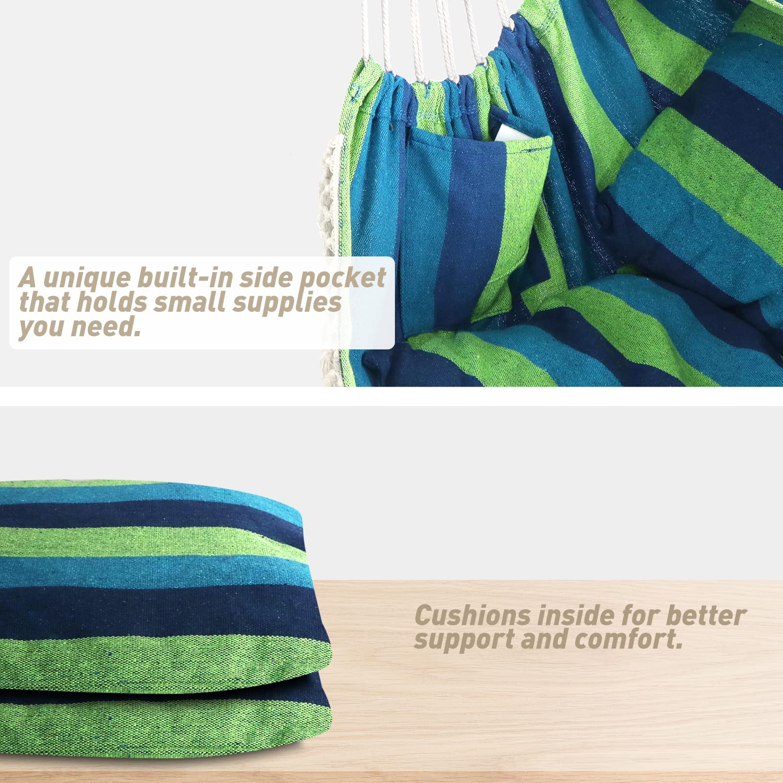 Chihee Hammock Chair Hanging Swing Max 500 Lbs 2 Cushions Included Steel Spreader Bar with Anti-Slip Grooves Portable Hanging Chair Side Pocket Large