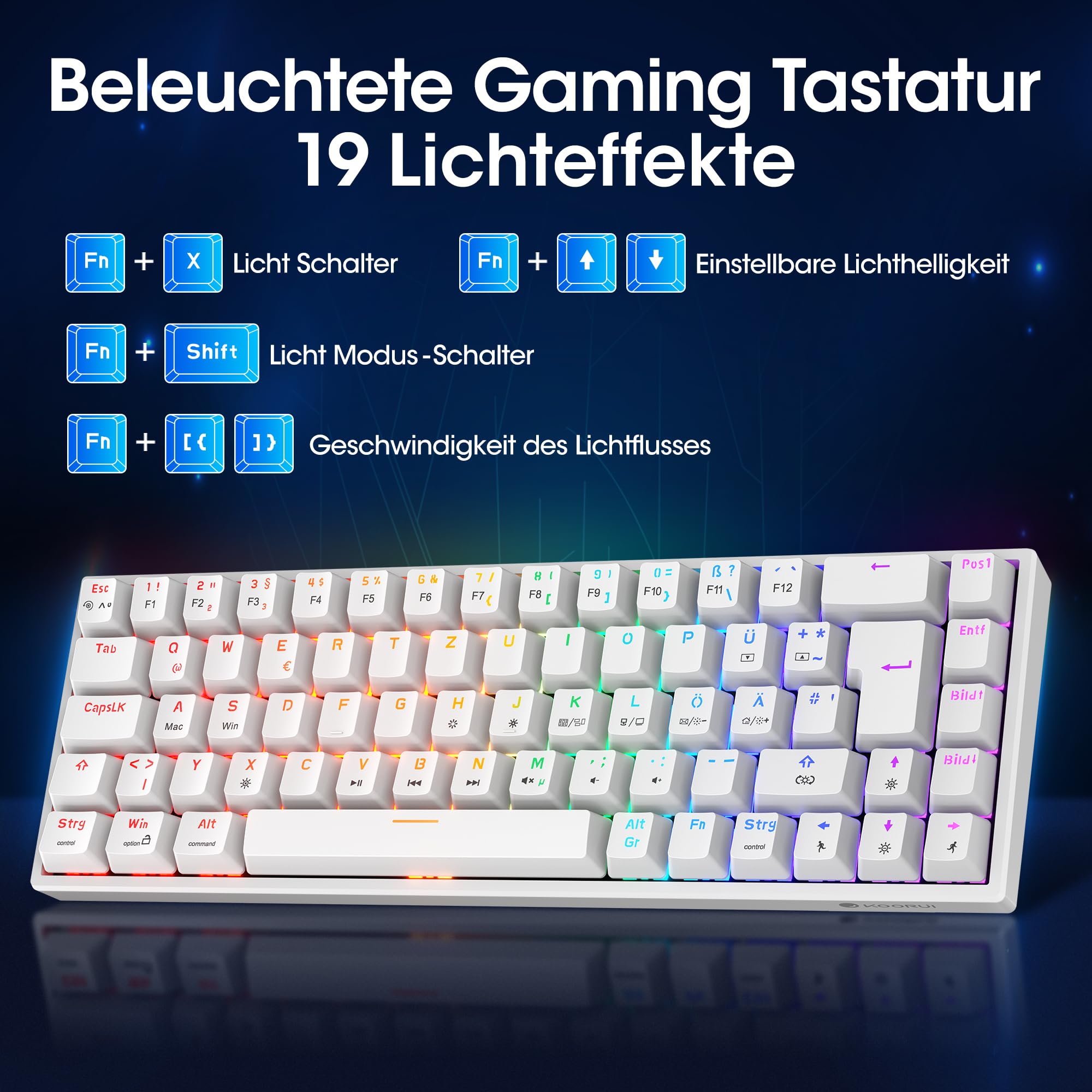 KOORUI 60% Mechanical Gaming Keyboard, Mixed Colors LED Backlit Ultra-Compact 69 Keys, Mini Wired Keyboard with Blue Switch for Windows Laptop PC/Mac OS/Xbox-BLACK(Blue Switch)