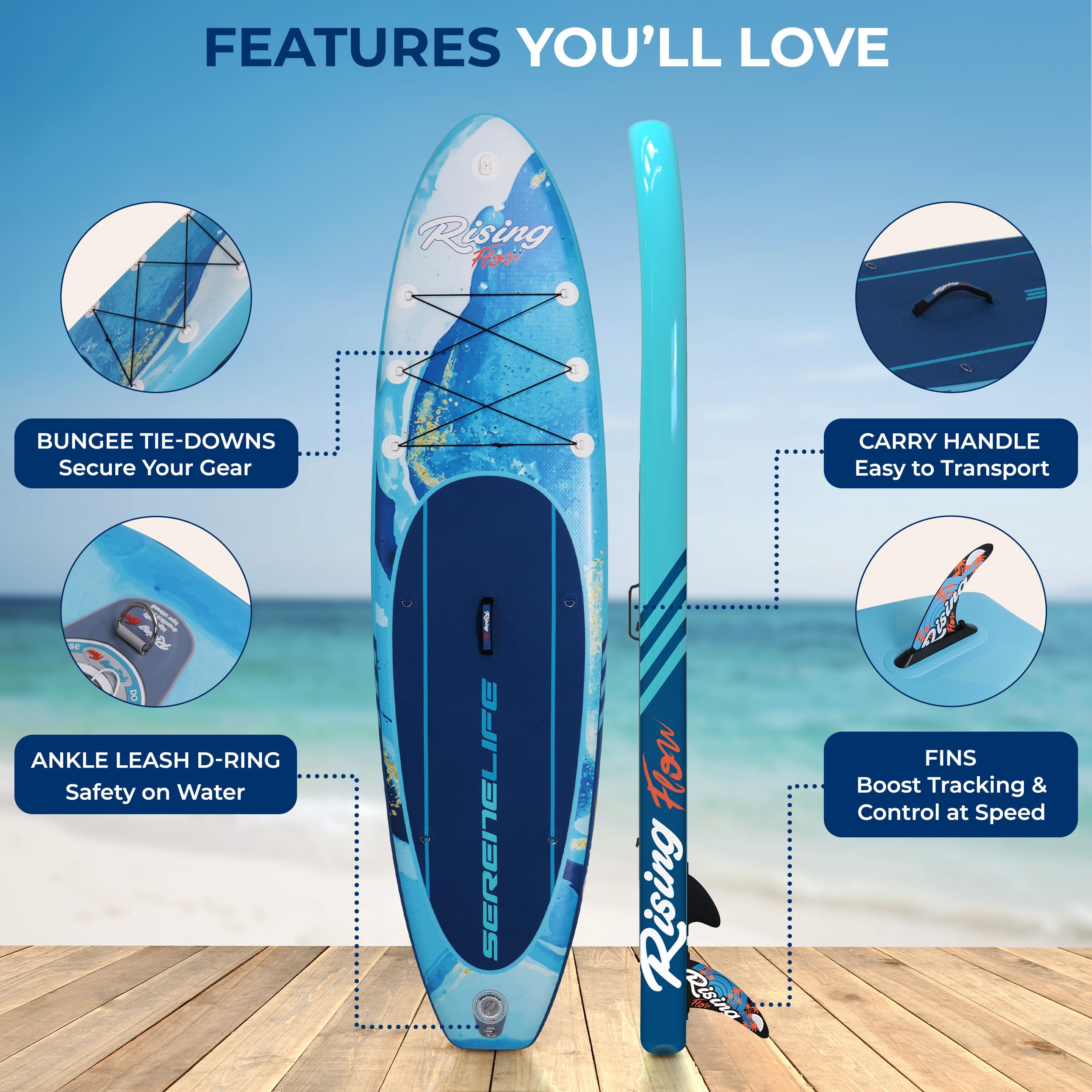 SereneLife Inflatable Stand Up Paddle Board, SUP Board- Paddleboards for Adults & Youth, Surfing Board Kit, 0.63cm Thick Standup Paddleboarding, Non-Slip Deck, Wide Stance, Surf Control w/Backpack