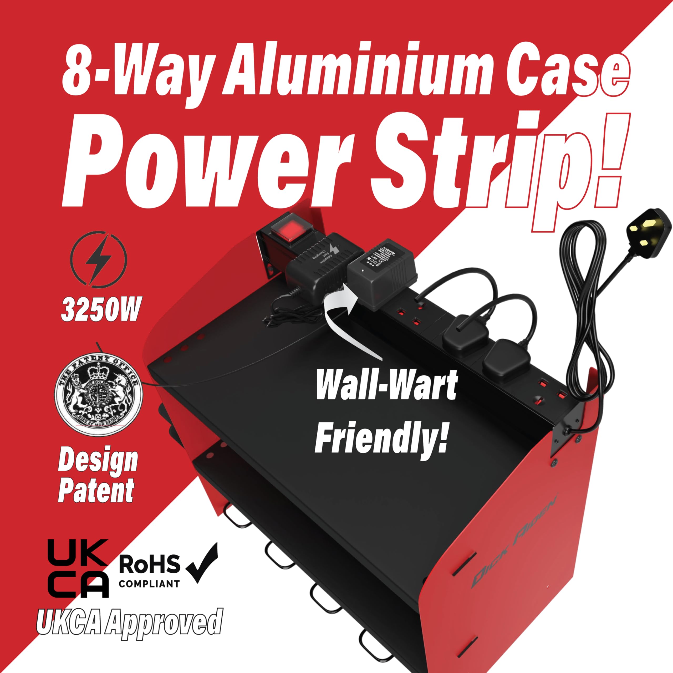 Toolganize Power Tool Organiser, Storage Rack with Power Strip Charging Station, Heavy-Duty for Workshop & Garage Tools - 4 Slot, Milwaukee Red.