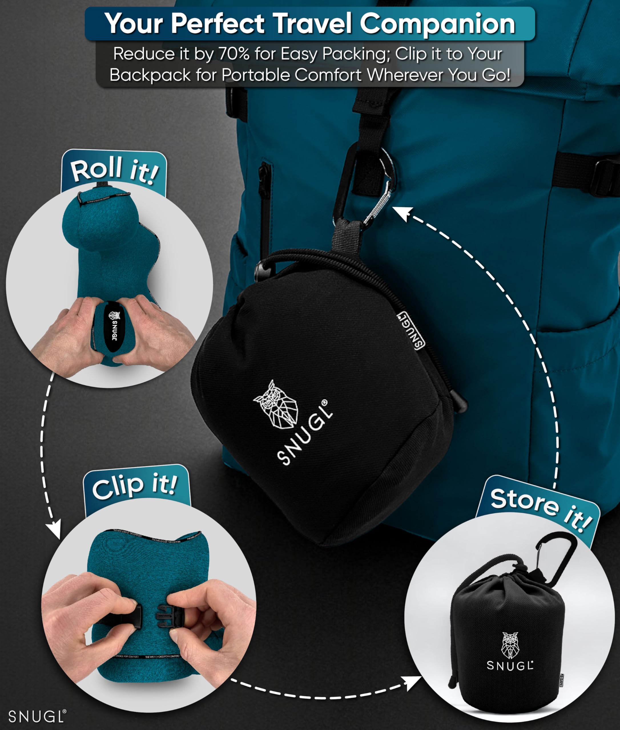 SNUGL Travel Pillow – Memory Foam Neck Pillow for Travel – Support Cushion for Airplane with Carry Bag & Clip - Holiday Essentials (Black - Adult Regular)