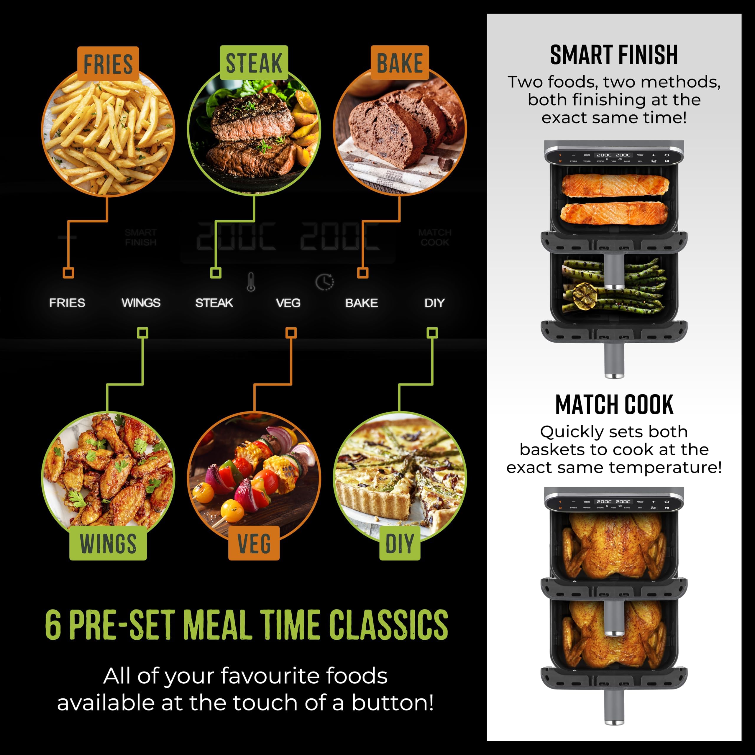 Tower T17190GRP Vortx XL Dual Stack Air Fryer with Digital Control Panel, Space Saving Design, 6 Preset Cooking Modes, Match Cook & Smart Finish Functions, 2460W, 11L, Graphite with Chrome Trim