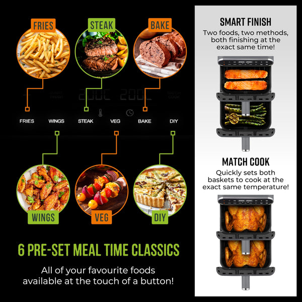 Tower T17190GRP Vortx XL Dual Stack Air Fryer with Digital Control Panel, Space Saving Design, 6 Preset Cooking Modes, Match Cook & Smart Finish Functions, 2460W, 11L, Graphite with Chrome Trim