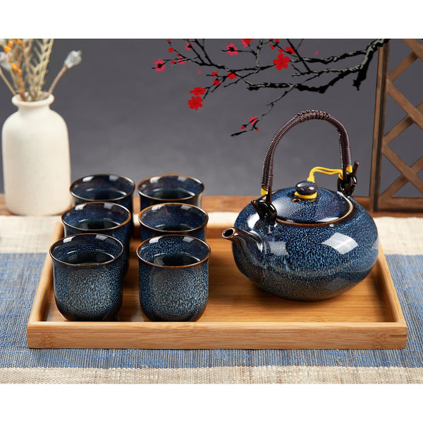 DUJUST Japanese Tea Set for 6, Kiln Altered Glaze Porcelain, Unique Blue, 23.5oz Teapot with 6 Cups & Bamboo Tray, Retro & Elegant, Heat-Proof Handle,