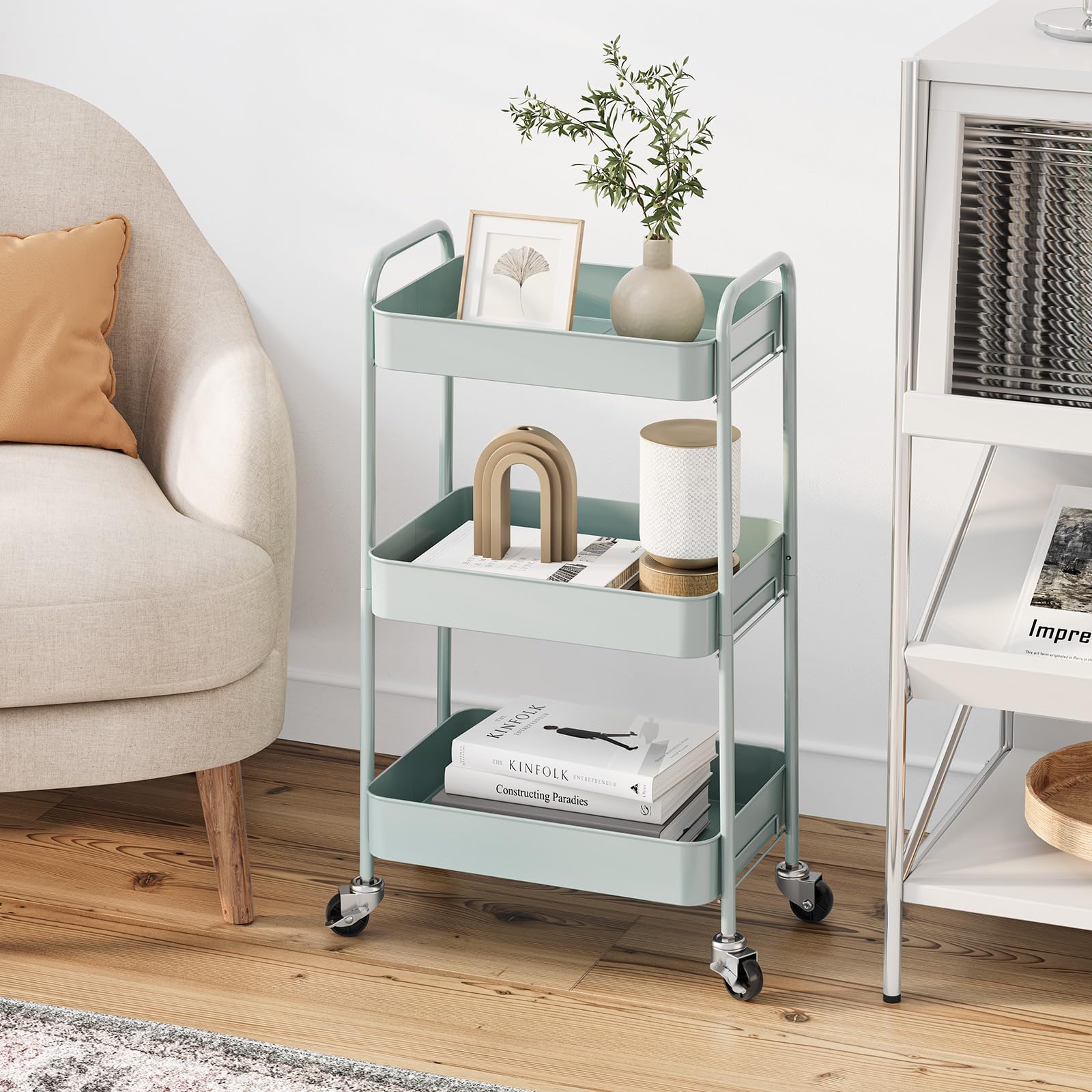 KINGRACK Kitchen Trolley, 3 Tier Rolling Trolley, Metal, Serving Trolley with Wheels Handles, Shelf Trolley for Office, Salon, All-purpose Trolley for