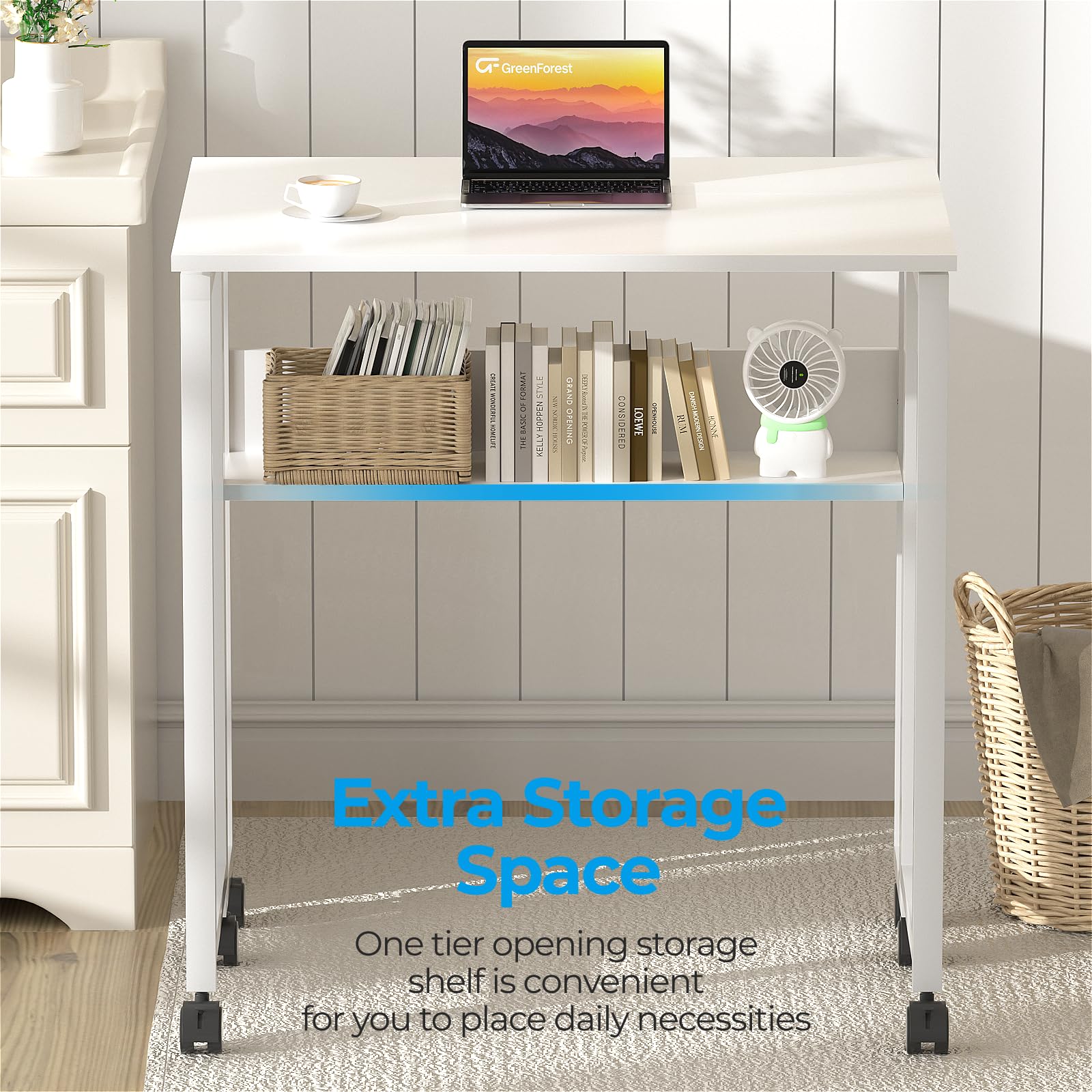 GreenForest Small Folding Desk with Storage Shelf,63 cm Computer Rolling Desk on Wheels Easy Assembly,Foldable desk for Small Space,White