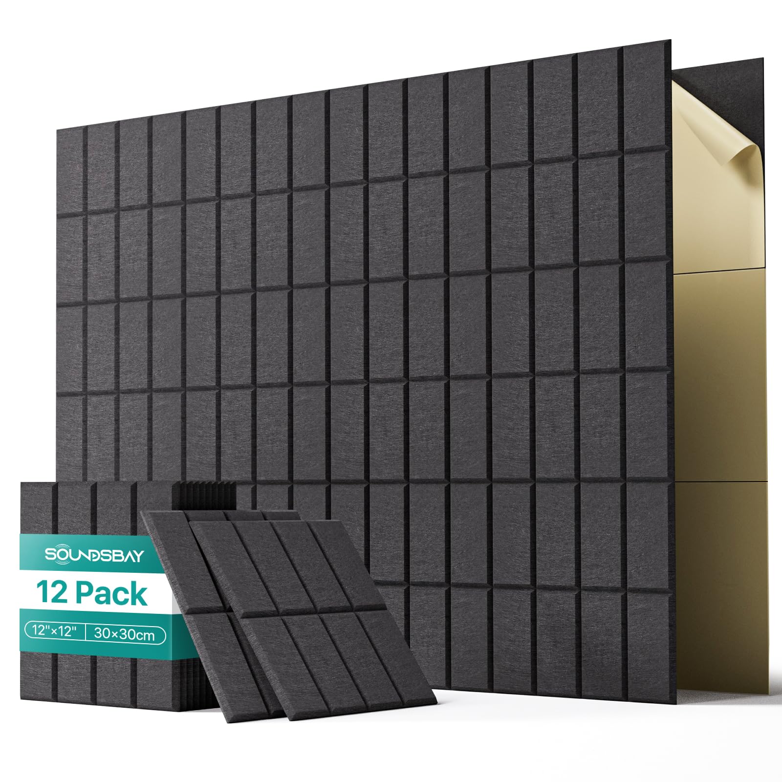 Soundsbay Soundproofing Panels, 12 Pack Acoustic Wall Panels Self-adhesive, 30x30x0.9cm Acoustic Panels for Walls, Ceiling, Home Office