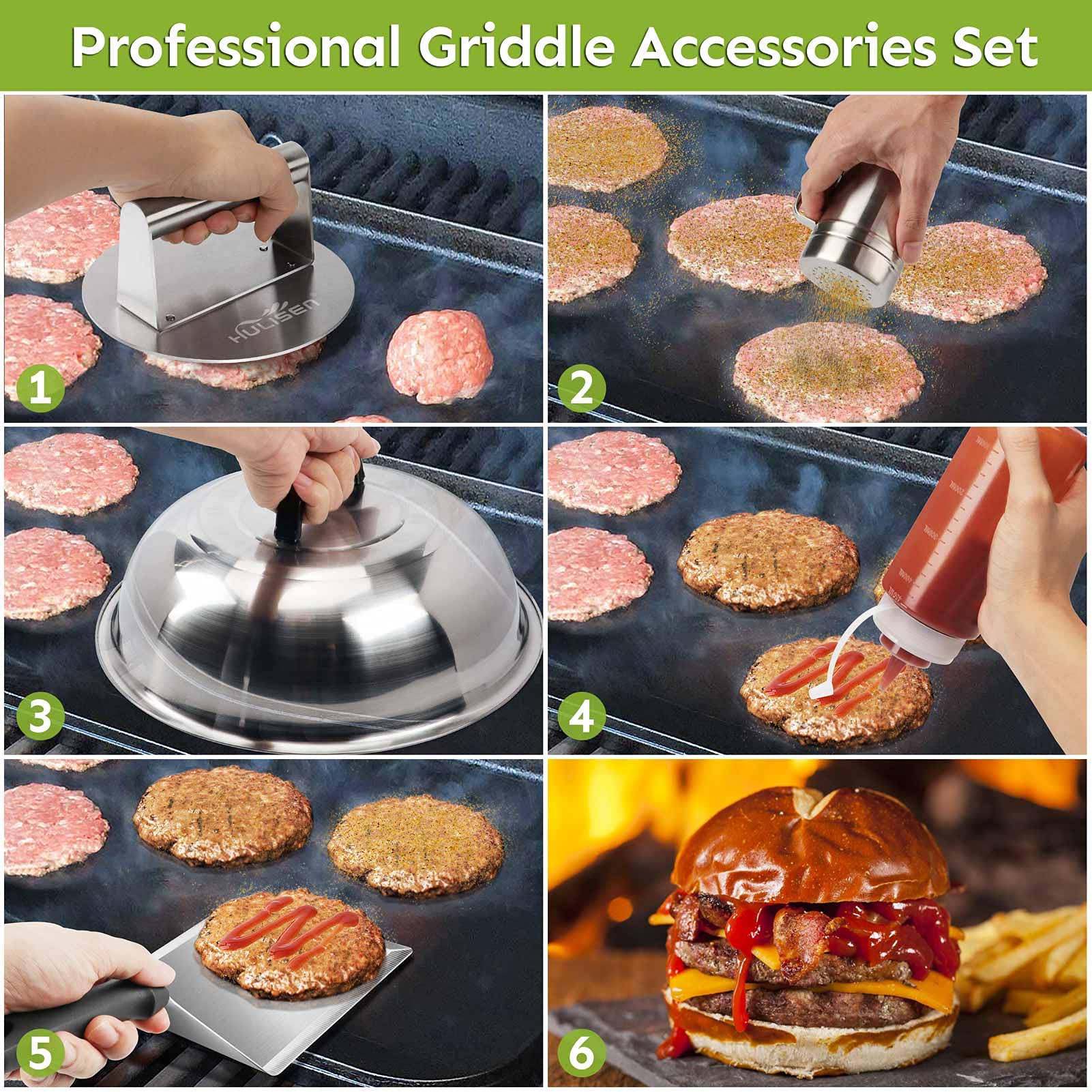 HULISEN Smashed Burger Kit, Burger Press, 12 Inch Basting Cover, Grill Spatula, Spice Dredge Shaker and 2 Squeeze Bottles - Griddle Accessories Kit