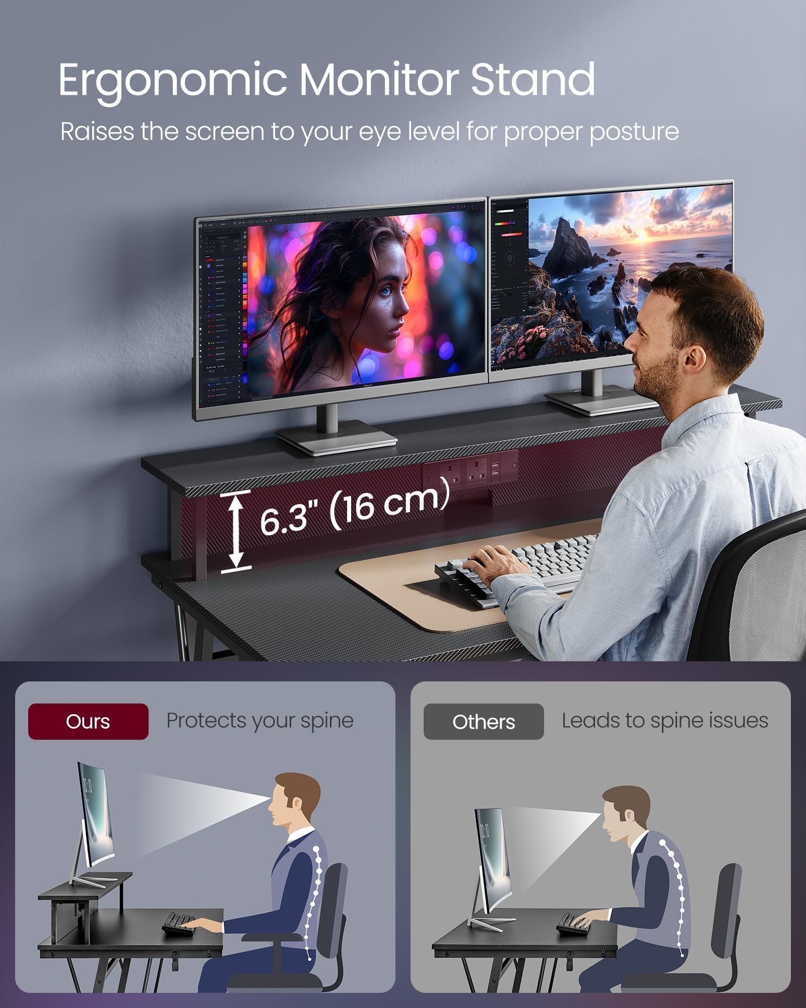 VASAGLE Gaming Desk with LED Lights and Built-In Power Outlets, Computer Desk with Monitor Shelf, Gaming Table for 2 Monitors, Office Desk, for Bedroom, 60 x 120 x 76 cm, Carbon Black LWD292B02