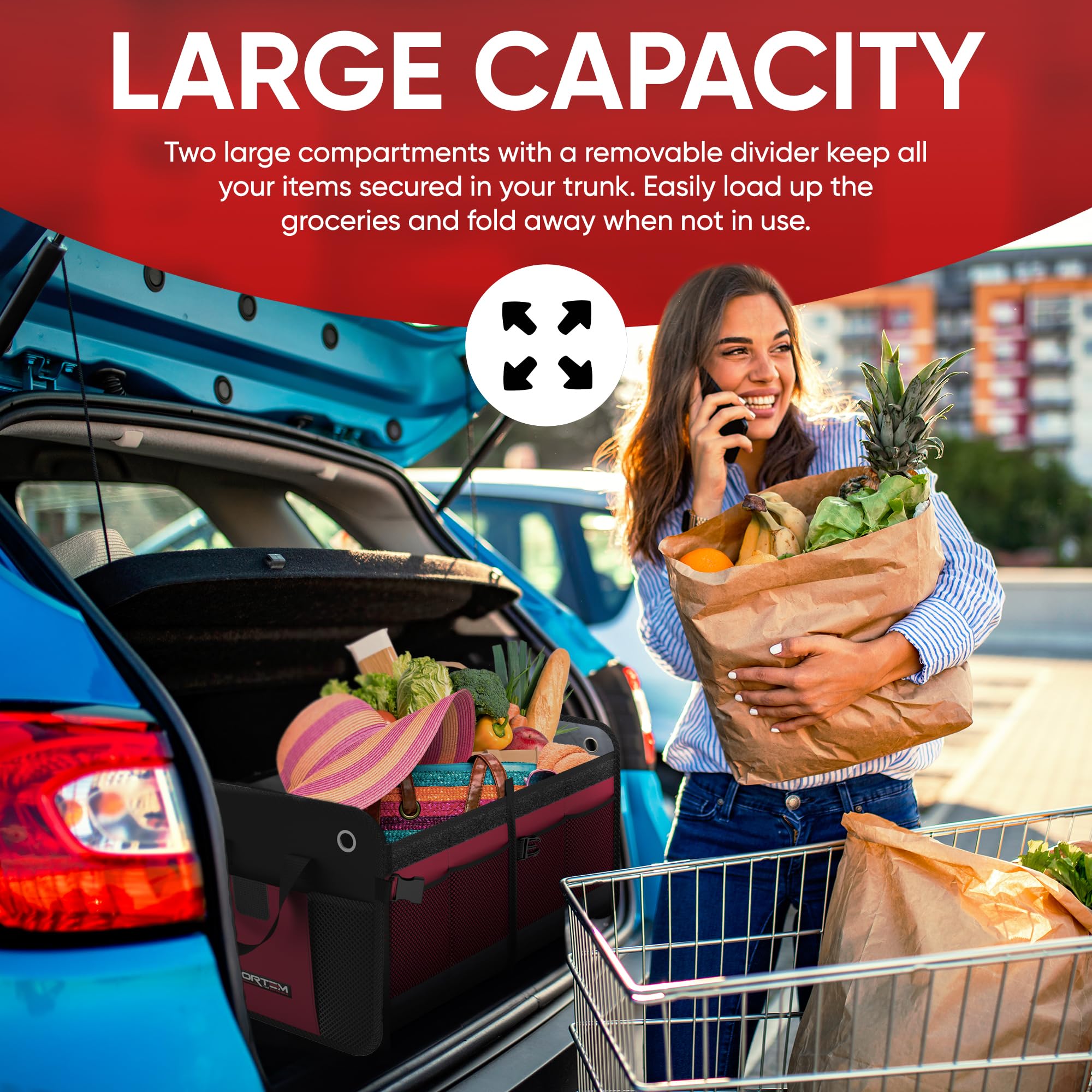 FORTEM Car Boot Organiser, SUV Boot Tidy, Trunk Storage, Collapsible Multi Compartment Car Organiser, Non Slip Bottom, Adjustable Securing Straps, Foldable Cover (65L)