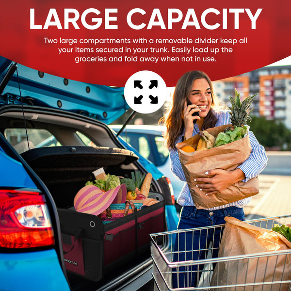 FORTEM Car Boot Organiser, SUV Boot Tidy, Trunk Storage, Collapsible Multi Compartment Car Organiser, Non Slip Bottom, Adjustable Securing Straps, Foldable Cover (65L)