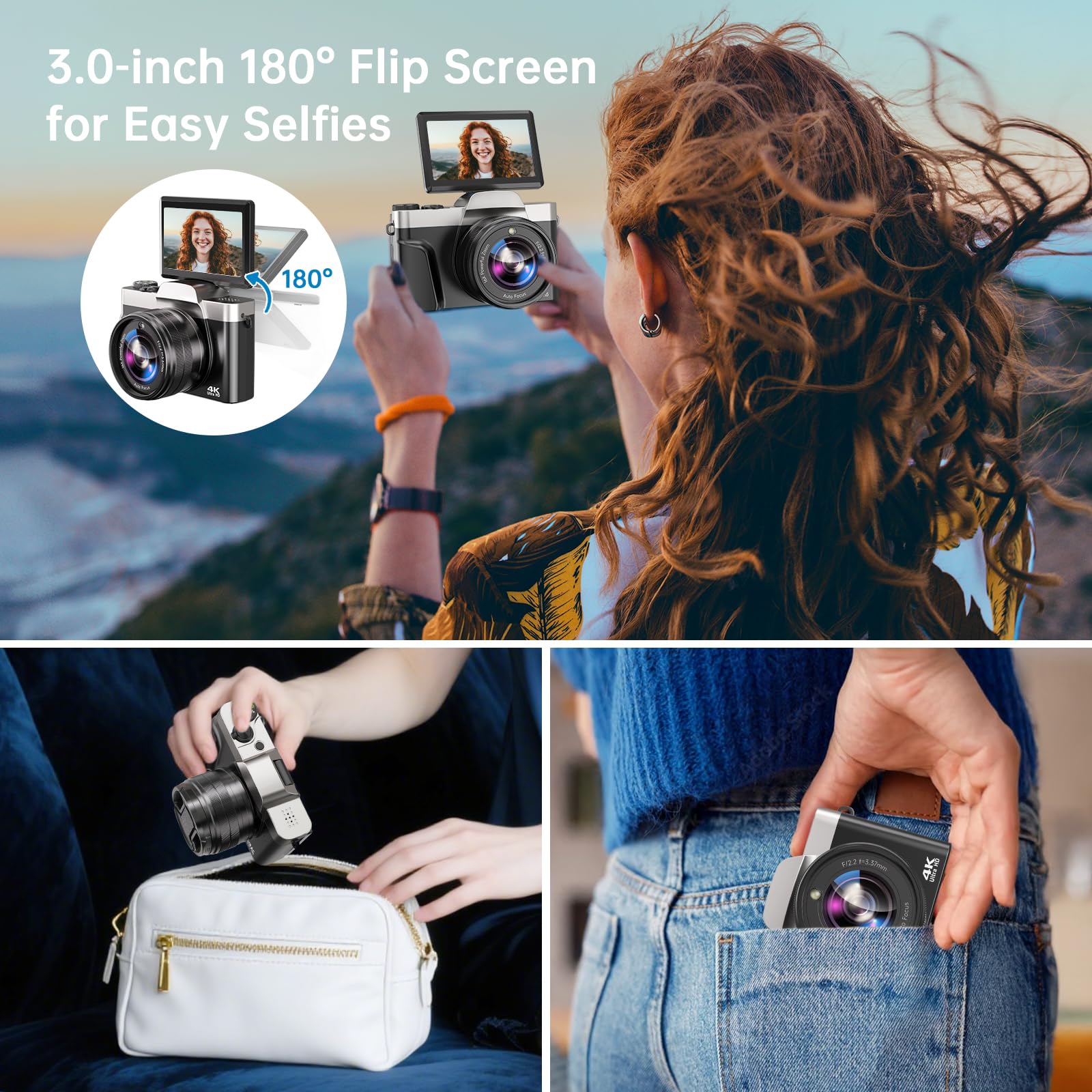 Digital Camera with WiFi, 4K 64MP Autofocus Vlogging Camera for YouTube with SD Card 3.0" 180° Flip Screen 16X Digital Zoom Anti-Shake Charging Station, 2 * Batteries for Teenagers, Beginners, Adults