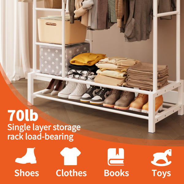 JOISCOPE Wide Clothes Rail, 66.9*47.2 inch Clothing Rack for Bedroom, Clothes Rack with 2 Hanging Rails, 4 Hooks, 4 Side Shelves, and Bottom Shelve,