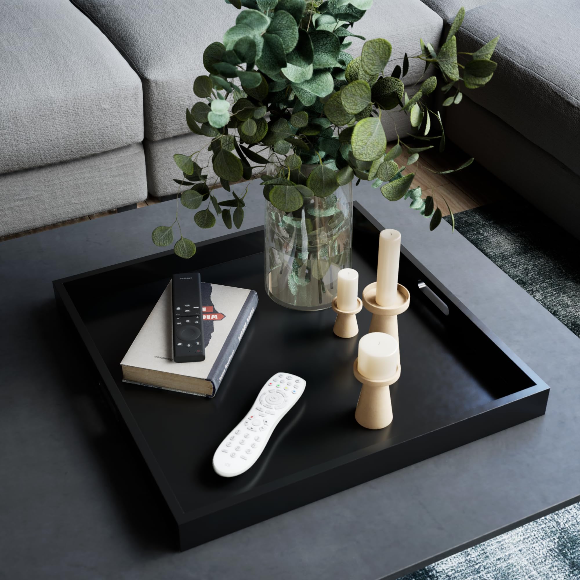 Hanobe Square Large Ottoman Tray: Modern Extra Large Black Serving Decorative Trays with Cutout Handles for Living Room Coffee Table Home, 20"