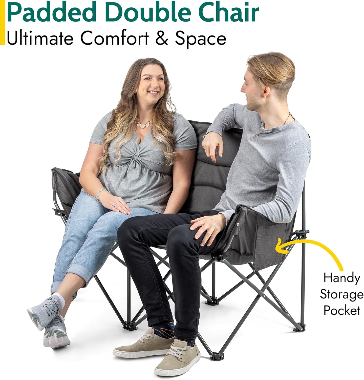 Trail Double Camping Chair for Adults, Folding Padded 2 Seater, Sturdy Heavy Duty Steel, Luxury Duoweave Fabric, Lightweight Compact, Outdoor Fishing Garden, Pocket, Carry Bag (H88cm x W120cm x D53cm)