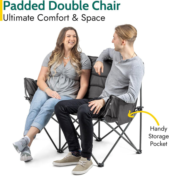 Trail Double Camping Chair for Adults, Folding Padded 2 Seater, Sturdy Heavy Duty Steel, Luxury Duoweave Fabric, Lightweight Compact, Outdoor Fishing Garden, Pocket, Carry Bag (H88cm x W120cm x D53cm)