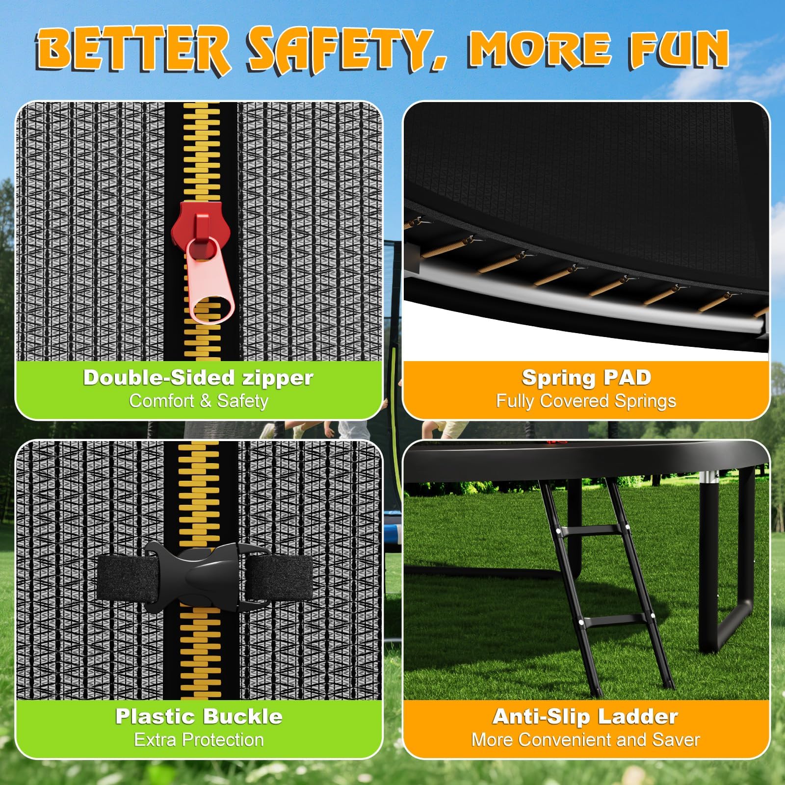 Devoko Outdoor Trampoline 7.5ft/10ft/12ft/14ft GS Certified Garden Trampoline With Safety Net,Non-Slip Ladder& Shoe Organiser,Available For Toddlers And Adults,Up to 150kg