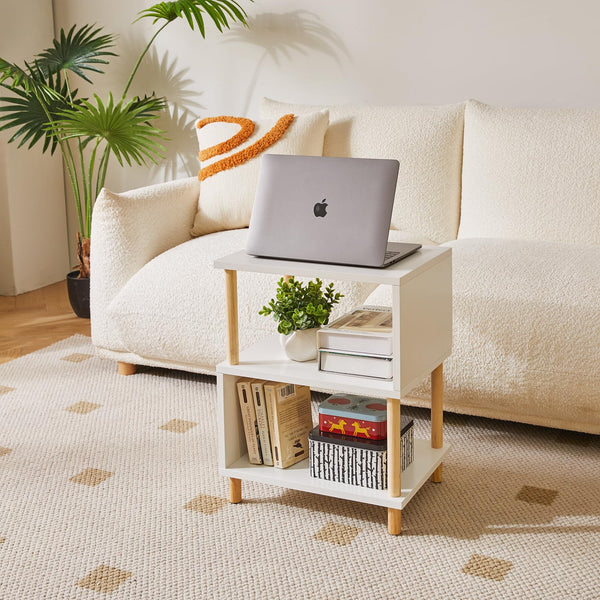 Aibiju White Side Table, Small End Table, Modern Nightstand with Storage Unit for Bedroom/Living Room/Hallway/Office,White+Natural Wood Legs,YD-TM152W
