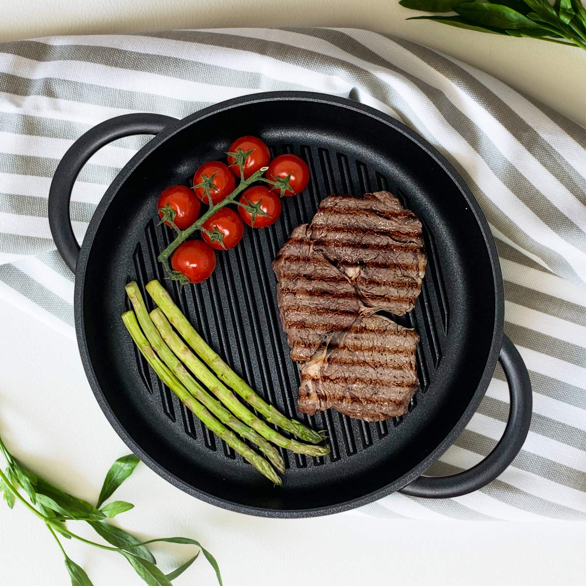 Joejis Non-Stick Induction Grill Pan - Round Cast Aluminium 27 cm - Glass Lid - Steak Fry Pan BBQ Pans PFOA Free
