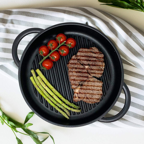 Joejis Non-Stick Induction Grill Pan - Round Cast Aluminium 27 cm - Glass Lid - Steak Fry Pan BBQ Pans PFOA Free