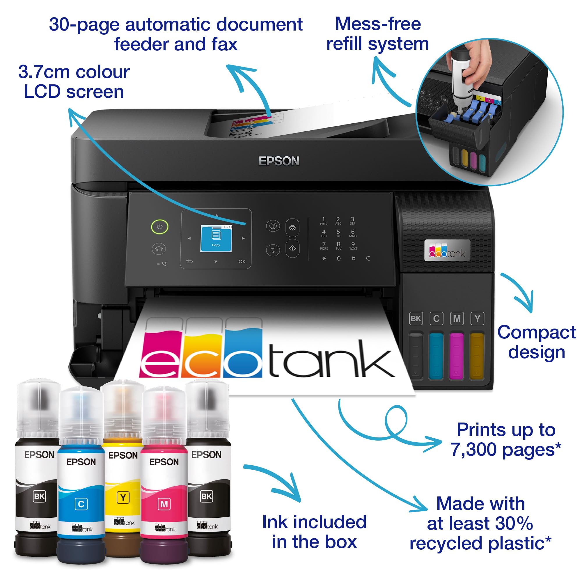 Epson EcoTank ET-2850 A4 Multifunction Air Print and Wi-Fi Ink Tank Printer with double sided printing, Up To 3 Years Of Ink Included