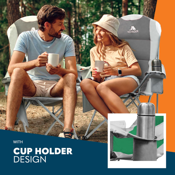 Voyager Folding Camping Chairs 2 Pack with Cooler Bag, Lightweight Q195 Steel Frame, 600D Oxford Fabric, Portable & Comfortable - Black (Black, Padded)