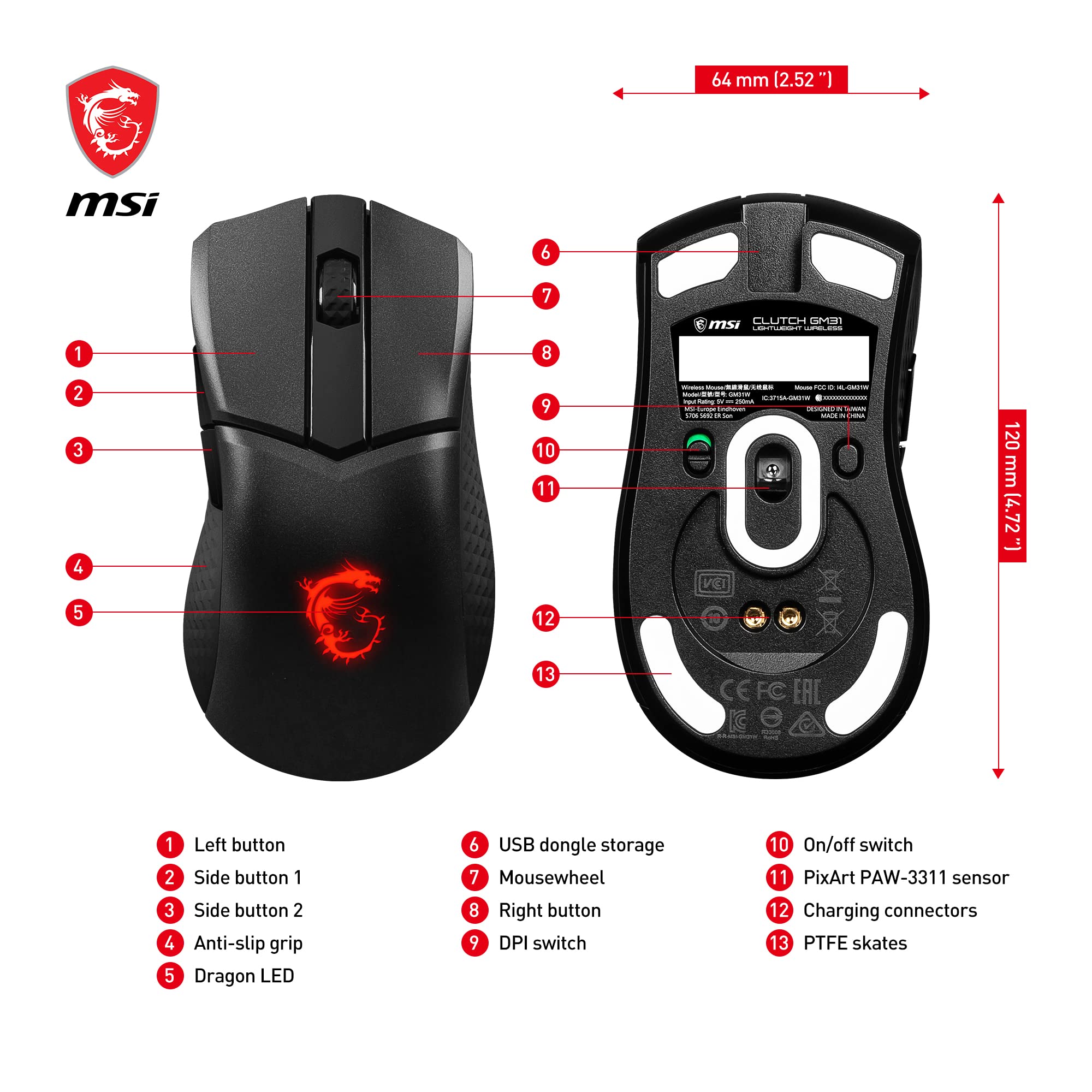 MSI CLUTCH GM51 LIGHTWEIGHT Gaming Mouse - 26000 DPI Optical Sensor, Elite 0.125ms Latency, 60M+ Click OMRON Switches, 6-Buttons, FriXionFree Cable, RGB Diamond LightGrips, 75g - Wired
