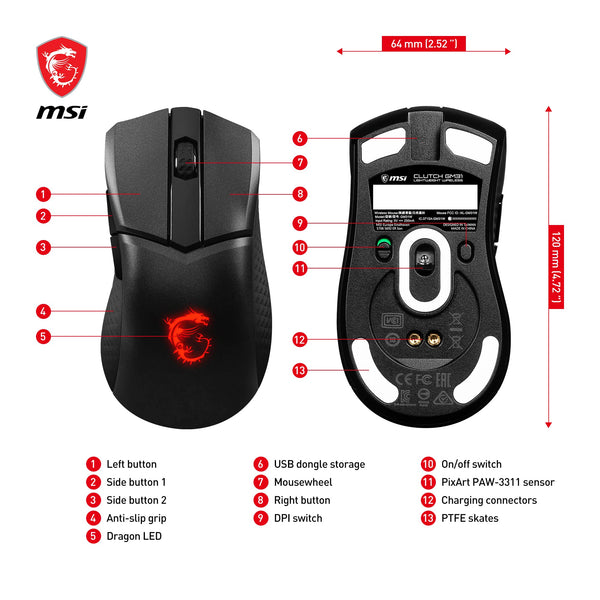 MSI CLUTCH GM51 LIGHTWEIGHT Gaming Mouse - 26000 DPI Optical Sensor, Elite 0.125ms Latency, 60M+ Click OMRON Switches, 6-Buttons, FriXionFree Cable, RGB Diamond LightGrips, 75g - Wired