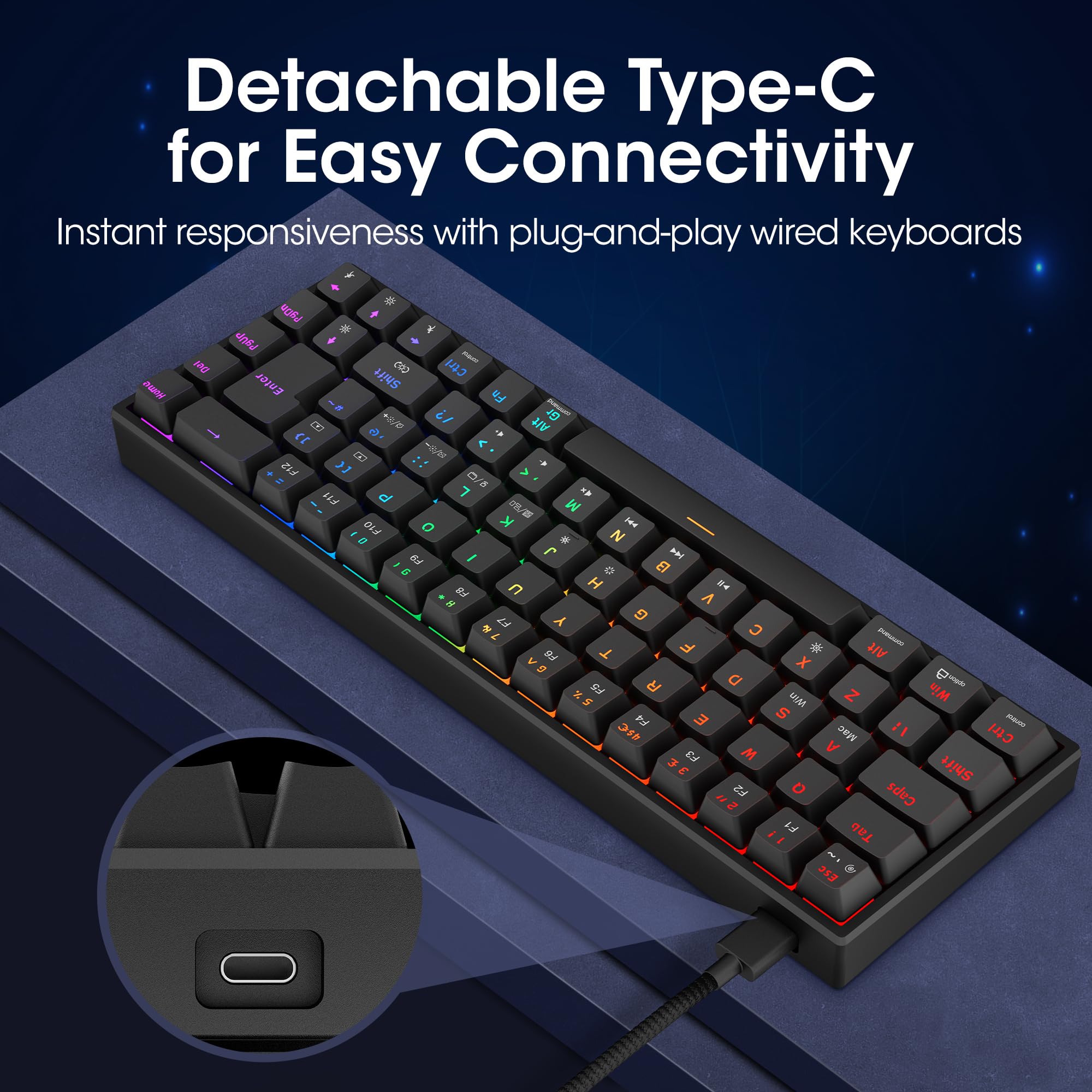 KOORUI 60% Mechanical Gaming Keyboard, Mixed Colors LED Backlit Ultra-Compact 69 Keys, Mini Wired Keyboard with Blue Switch for Windows Laptop PC/Mac OS/Xbox-BLACK(Blue Switch)