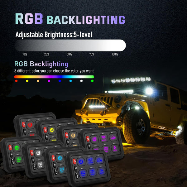 Chelhead 12V/24V Switch Control Panel RGB 6 Gang Dimmable Multi-Function Programmable Switch Panel Acc Battery Control Waterproof, Compatible with Truck Boat SUV RV Trailer Marine ATV UTV