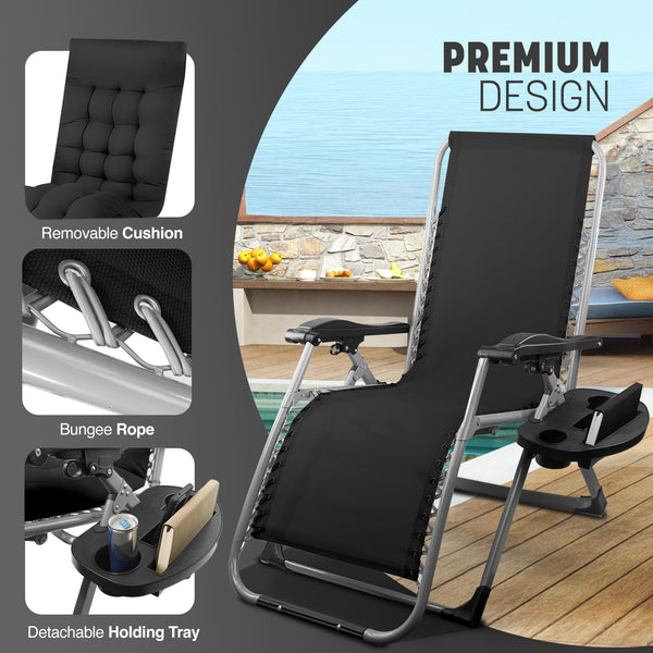 KEPLIN Square Tube Gravity Chair with Cushion – Extra-Wide 72cm Recliner, Adjustable Zero Gravity Lounger, Reinforced Frame, Supports 150kg, Premium Comfort for Indoor & Outdoor Relaxation – Black