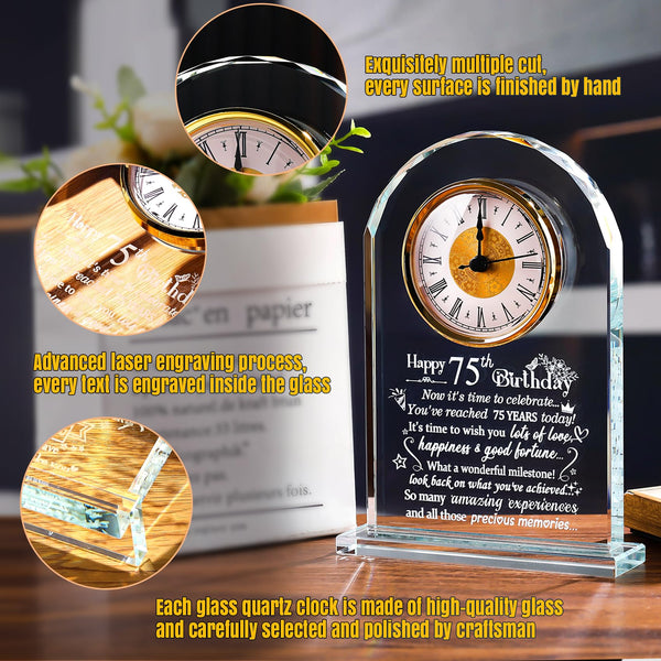 Happy 75th Birthday Quartz Clock Gifts for Women Men, Glass Keepsake Happy 75th Birthday Presents for Her Turning 75 Years Old Ornament
