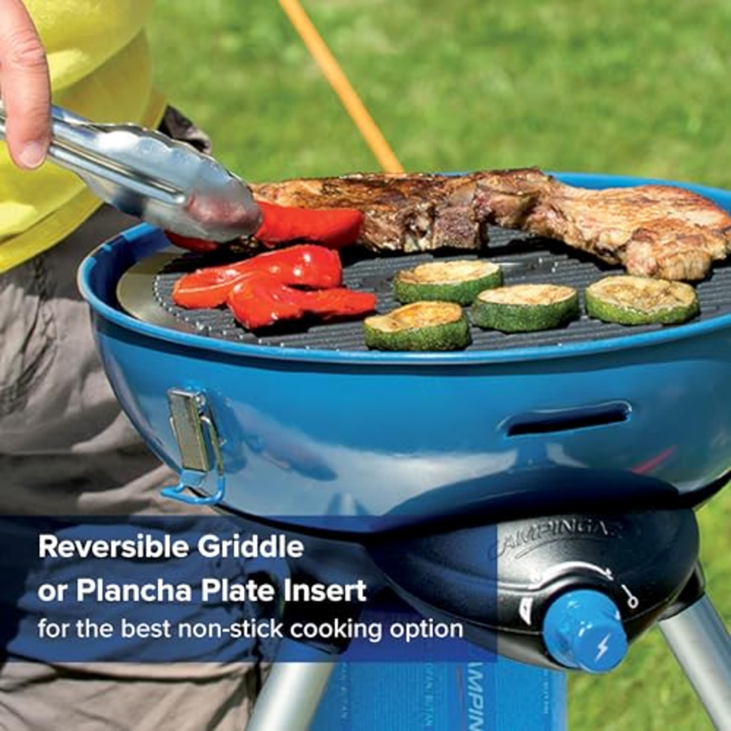 Campingaz Party Grill 400 CV, Camping Stove and Grill, All-in-One Portable Camping BBQ, with Griddle, Grid and Pan Support, Lid Doubles as Wok, Blue