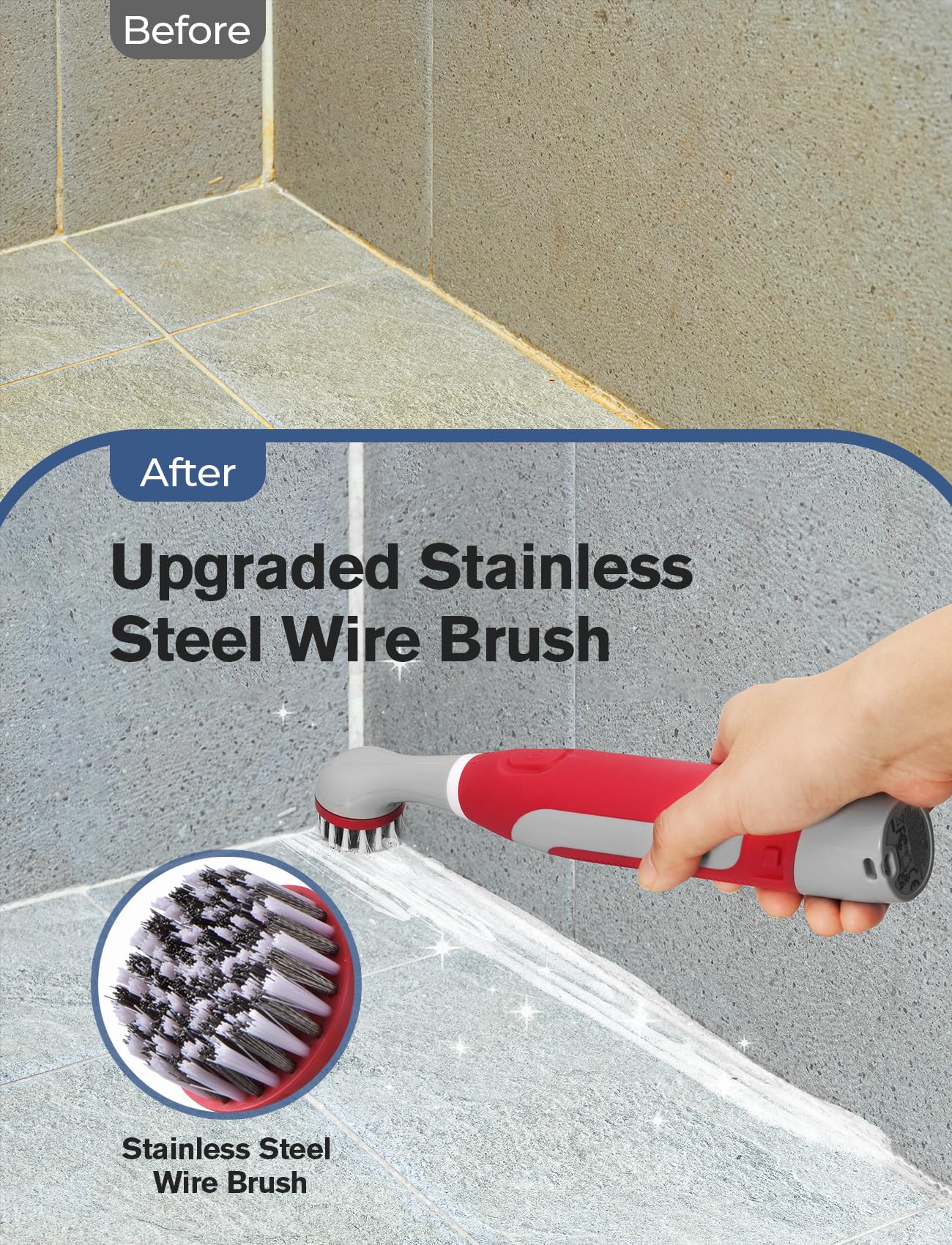 PureSwirlz Electric Cleaning Brush, Battery Operated Power Scrubber with 5 Brush Heads, Stainless Steel Wire Brush, Tile Grout Cleaner Shower Crevice Cleaning Brush for Tile Corner Grout Tight Space