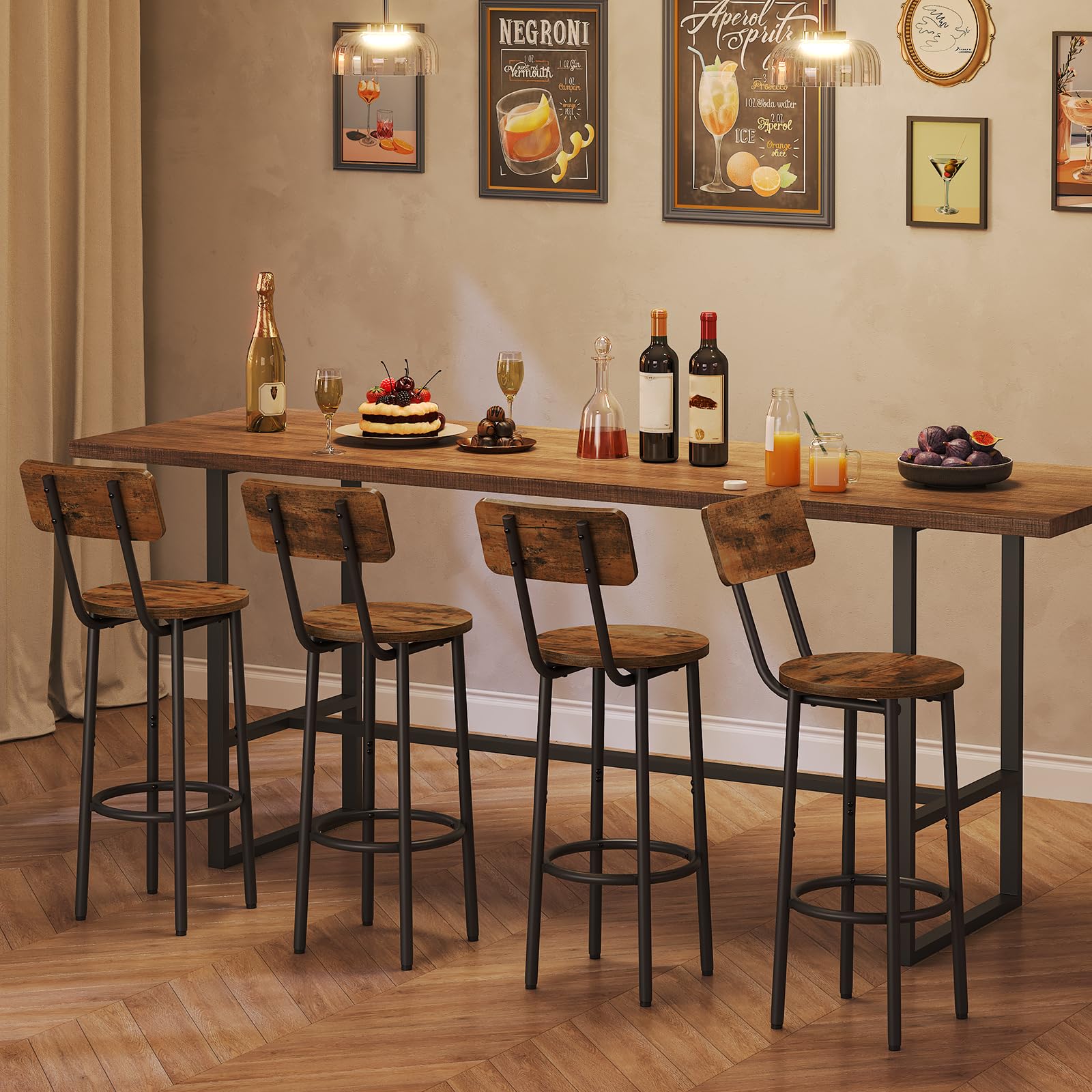 HOOBRO Bar Stools Set of 2, Breakfast Bar Stools, Kitchen Stools with Backs and Footrest, High Bar Chairs for Dining Room, Party, Rustic Brown