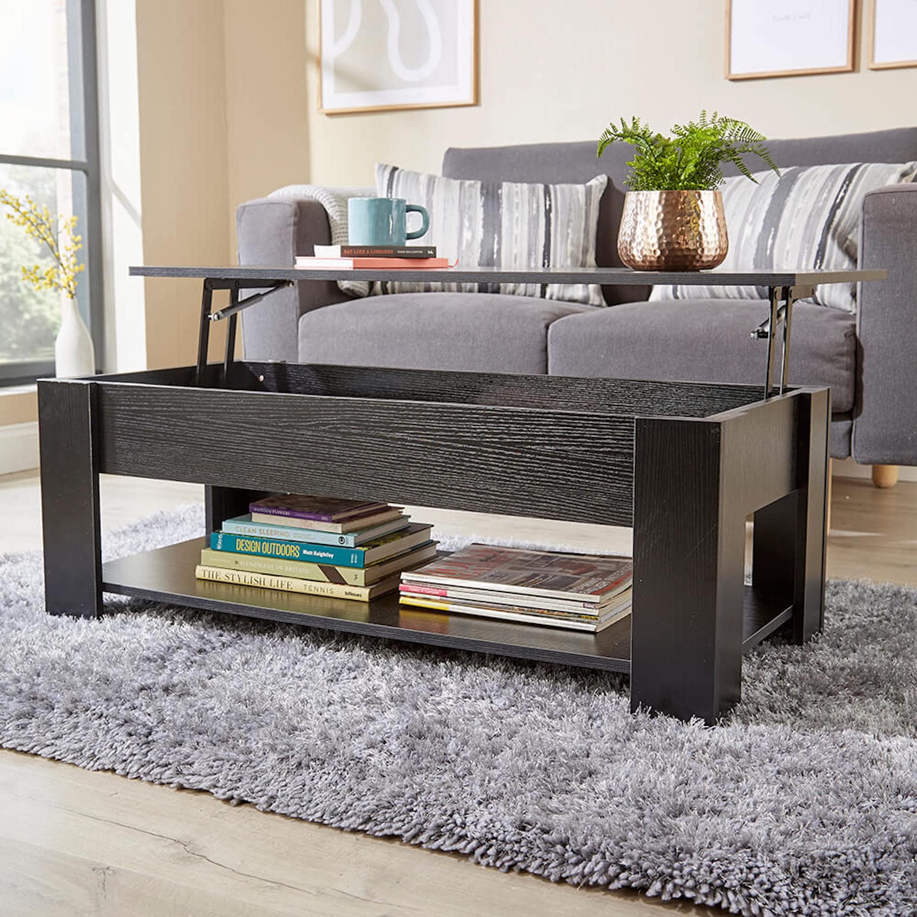 Home Source Coffee Table with Lift Up Top Storage Area and Magazine Shelf, Black