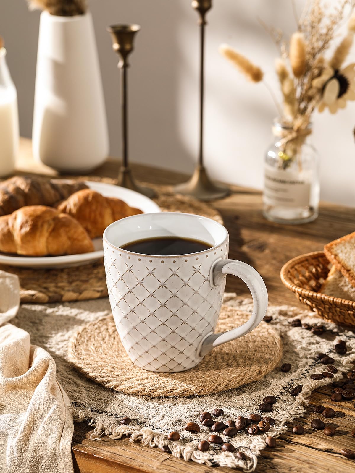 DOWAN Coffee Mugs Set of 6-19 oz Large Mug - Ceramic Embossment Stoneware Tea Cups with Handle for Hot Chocolate - Handcrafted Mug Gift Set for Men