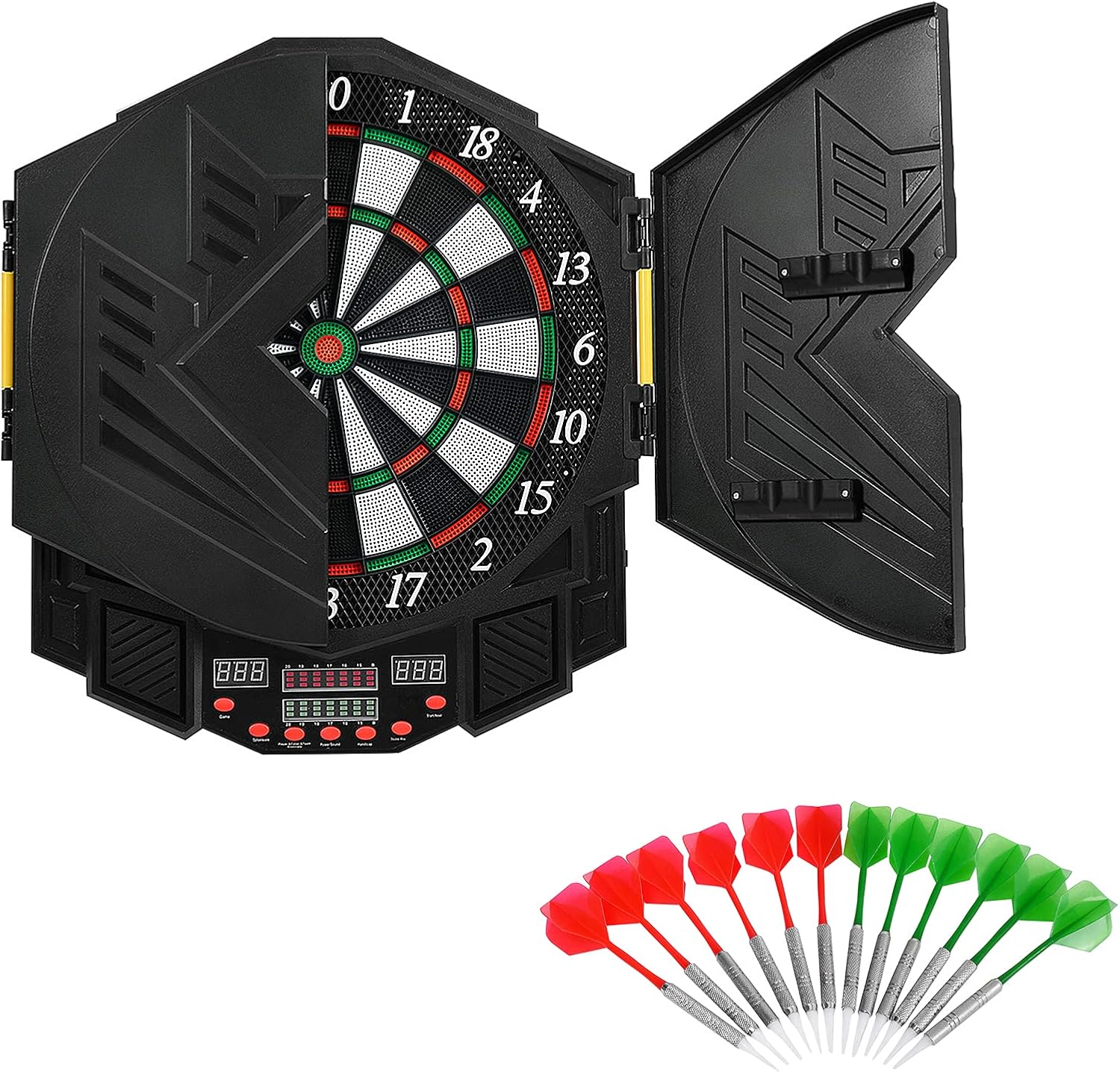 GYMAX Electronic Dart Board Set, Professional Hanging Dartboard with 12 Soft Tip Darts, Cabinet and LED Display, Aileron Target Dartboards for Kids Adults