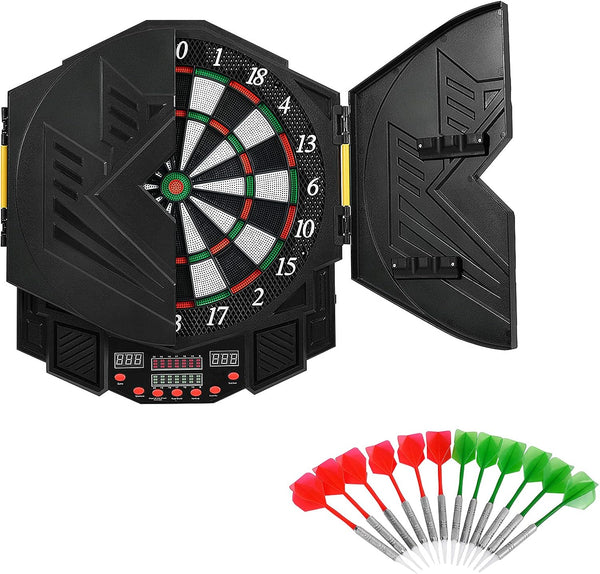 GYMAX Electronic Dart Board Set, Professional Hanging Dartboard with 12 Soft Tip Darts, Cabinet and LED Display, Aileron Target Dartboards for Kids Adults