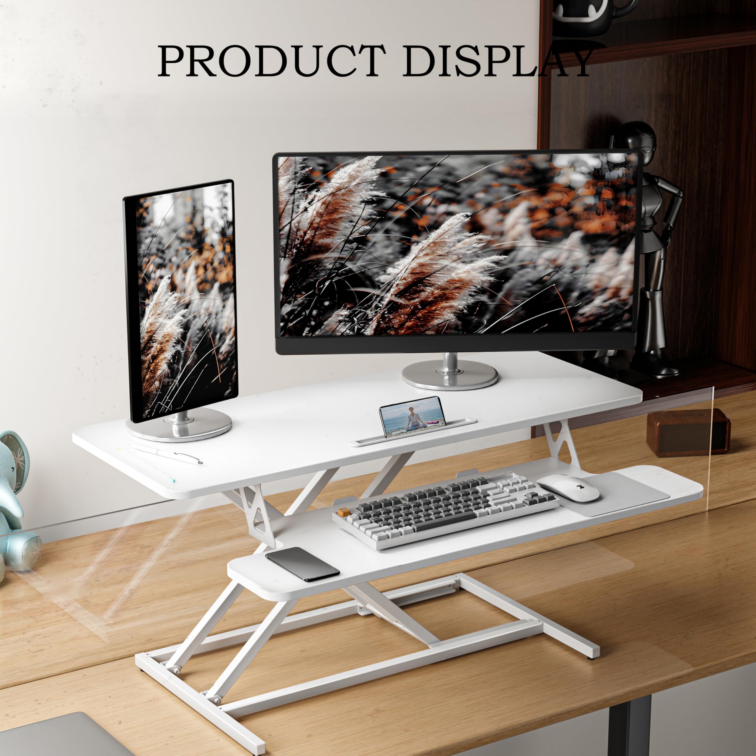 ERGOMAKER Height Adjustable Standing Desk Converter - 101cm (40 Inch) Wide Platform Tabletop Workstation - Quick Sit to Stand Desk Riser for Dual Monitors White