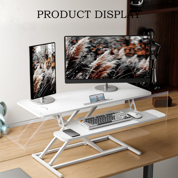 ERGOMAKER Height Adjustable Standing Desk Converter - 101cm (40 Inch) Wide Platform Tabletop Workstation - Quick Sit to Stand Desk Riser for Dual Monitors White